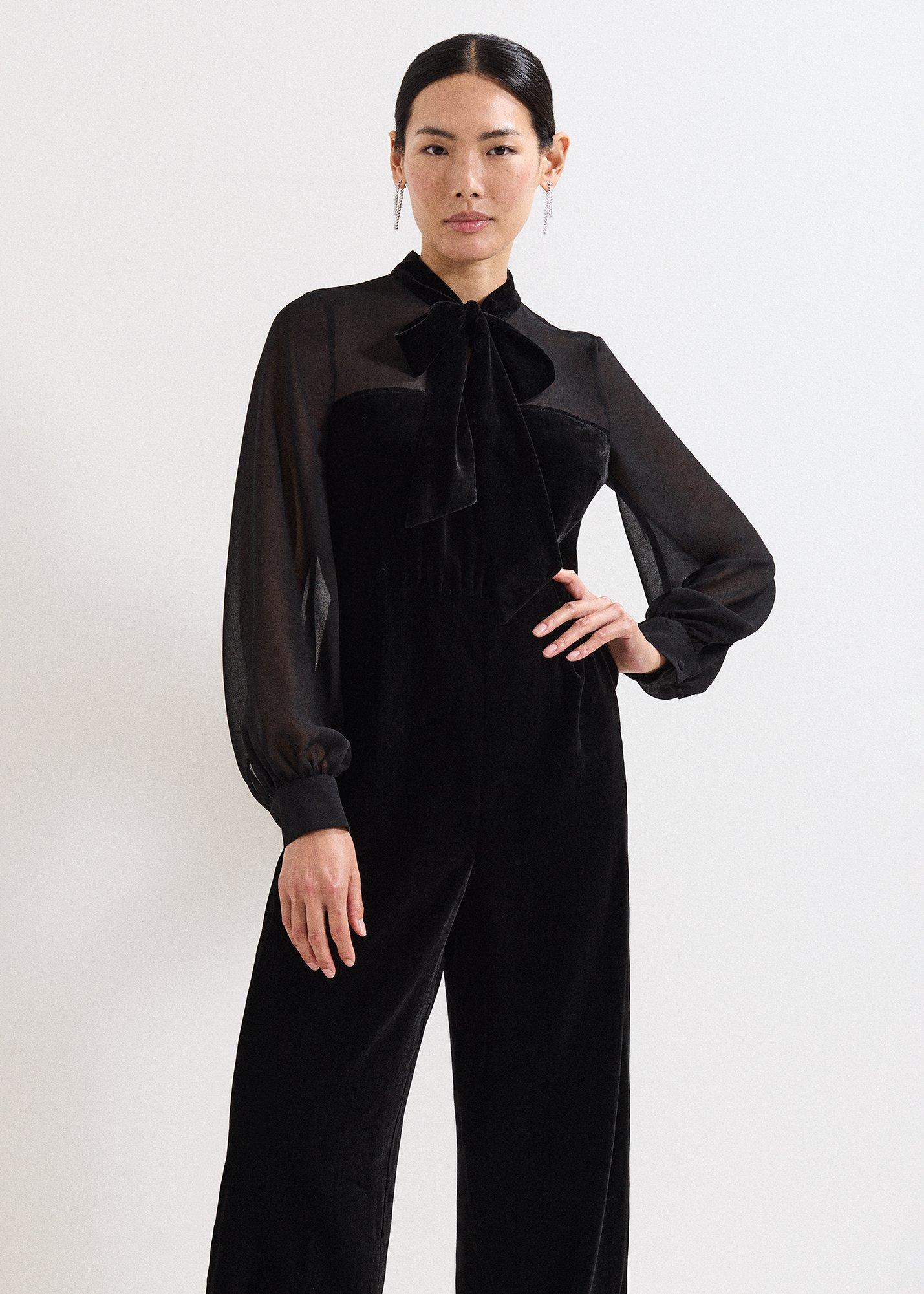 Petite Magie Black Velvet Tie Neck Jumpsuit