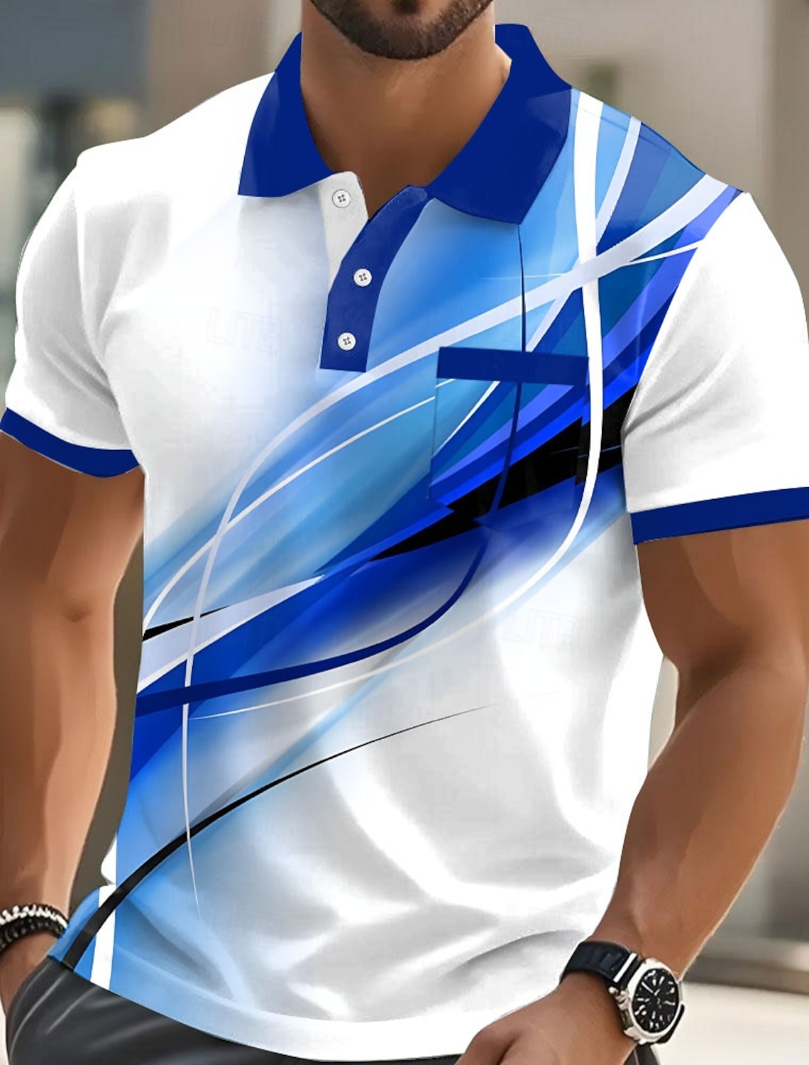 Men's Geometic Line Polo Shirts Short Sleeve Collared Business Casual