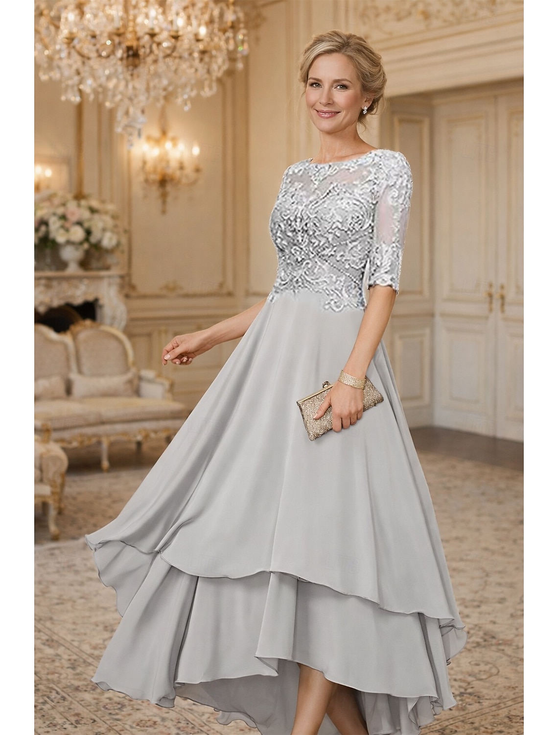 A-Line Asymmetrical Party Dress Cocktail Dress Wedding Guest Dress Mother of the Bride Dress Half Sleeve Boat Neck Elegant Simple Formal Wedding Guest with Solid Color