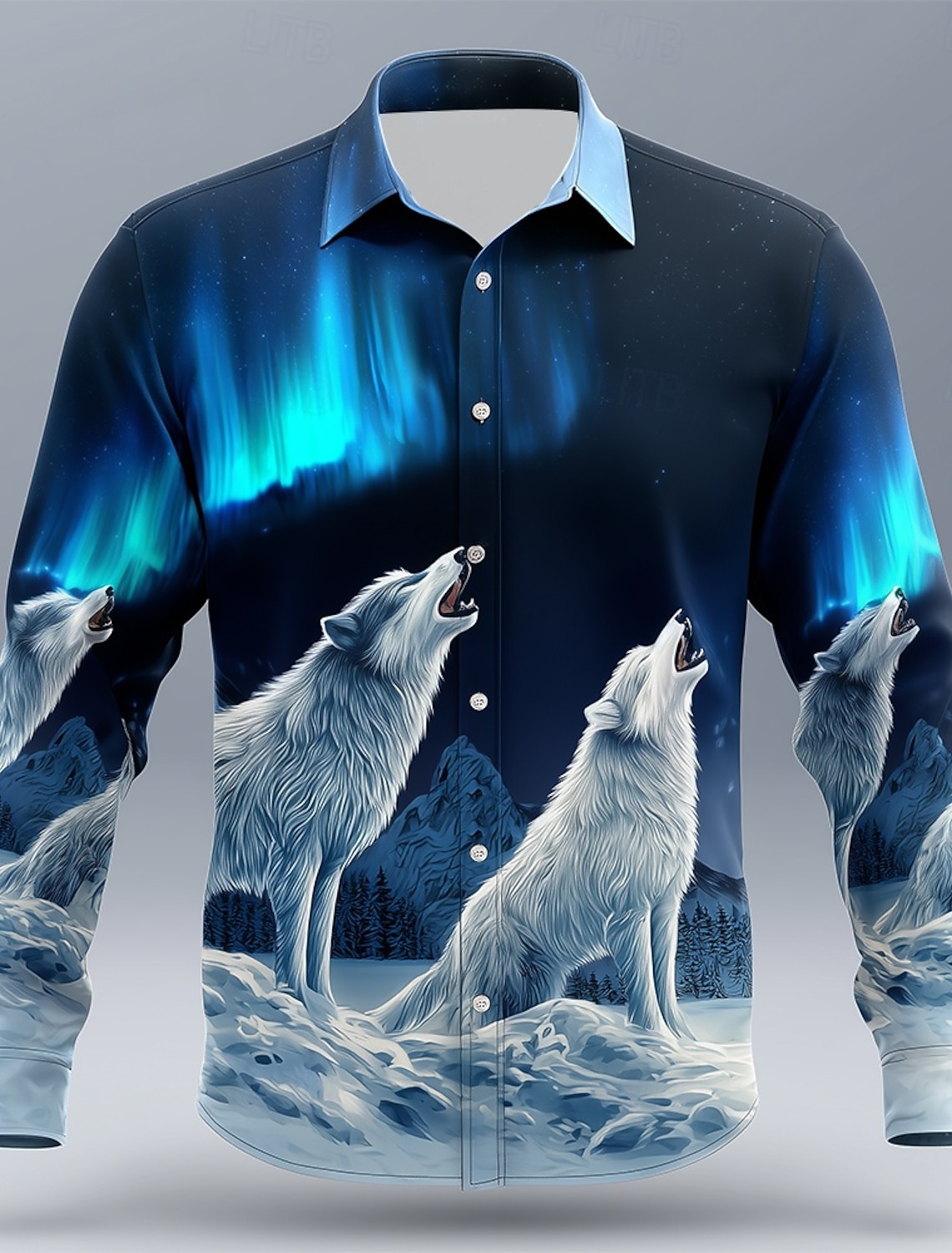 Men's Animal Wolf Aurora Shirt Button Up Shirt Long Sleeve Vintage Retro Casual Outdoor Hunting Spring Fall Turndown 3D Print Collared Shirts Dark Blue#1 Dark Blue
