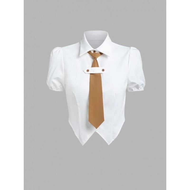 Scarf Hem Preppy Tie Cropped Shirt DI4743