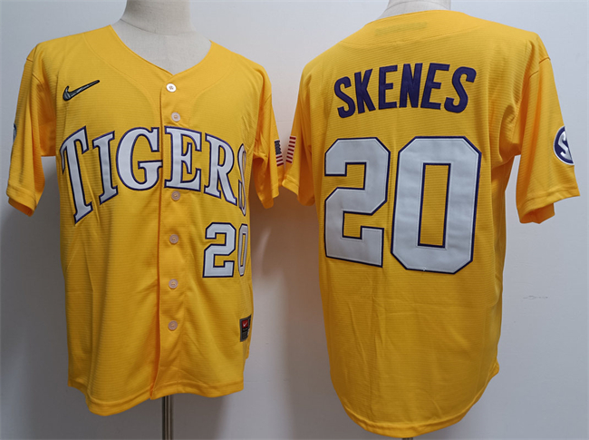 Men's LSU LA Tigers Gold 2023 away jersey Paul Skenes #20 team
