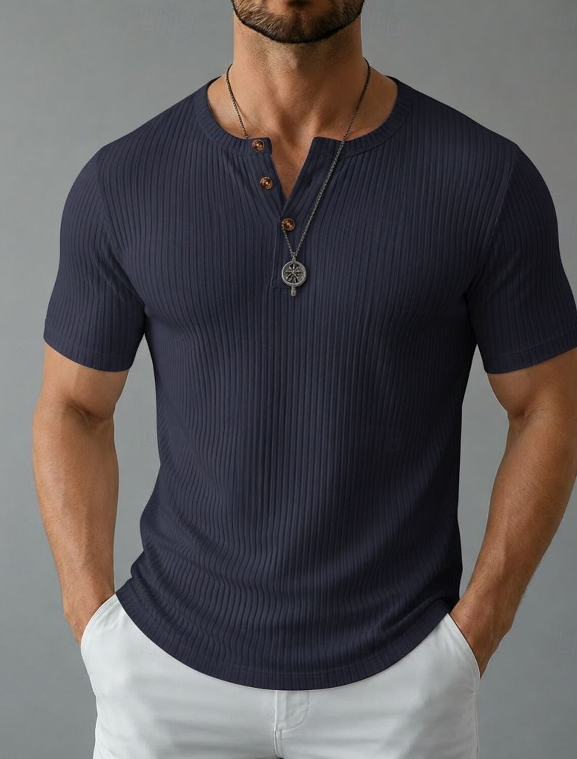 Men's Henley Top Short Sleeve Plain Knitwear Elegant Vacation Ribbed Button-Down Henley Casual Vacation All Seasons Navy Black Pink Henley T-Shirt