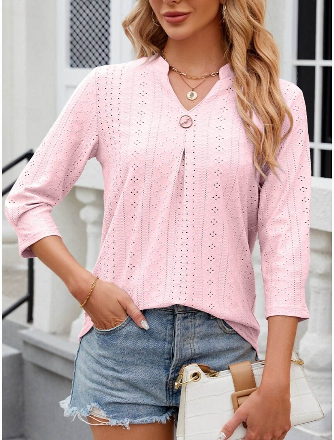 Women's Shirt Blouse Stylish Casual Floral Regular Tops Long Sleeve Notched Neck Eyelet Regular Fit Daily Summer Spring