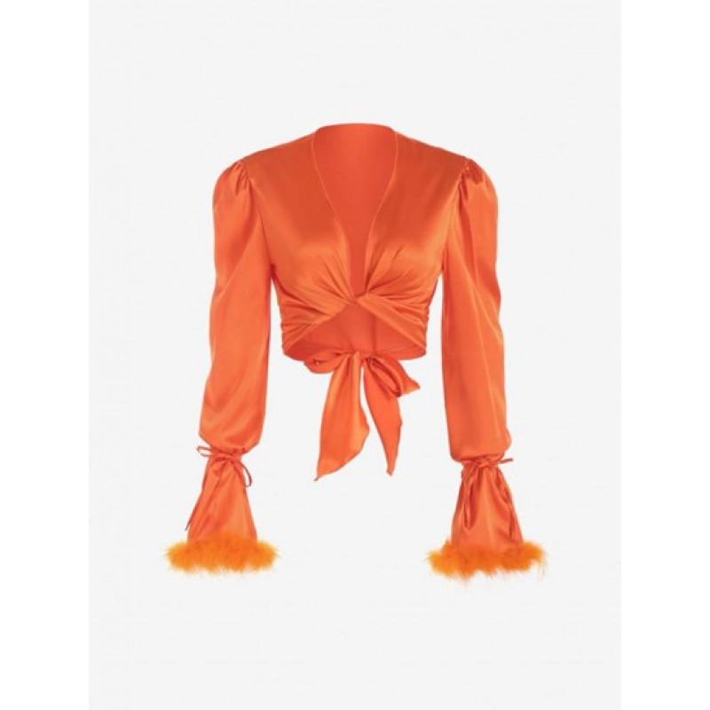 Satin Puff Sleeve Feather Trim Wrap Blouse PY6621