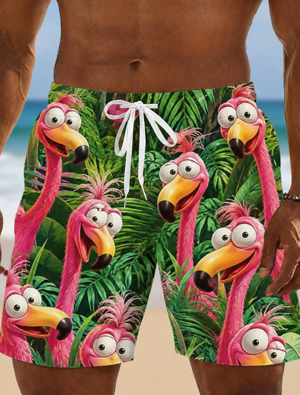 Men's Flamingo Bird Cartoon Animals Swim Trunks Bathing Suits Swim Shorts Board Shorts Mid Waist Hawaiian Funny Beach Vacation Wear Side Pockets Mesh Lining Elastic Drawstring Waist Designer Clothing