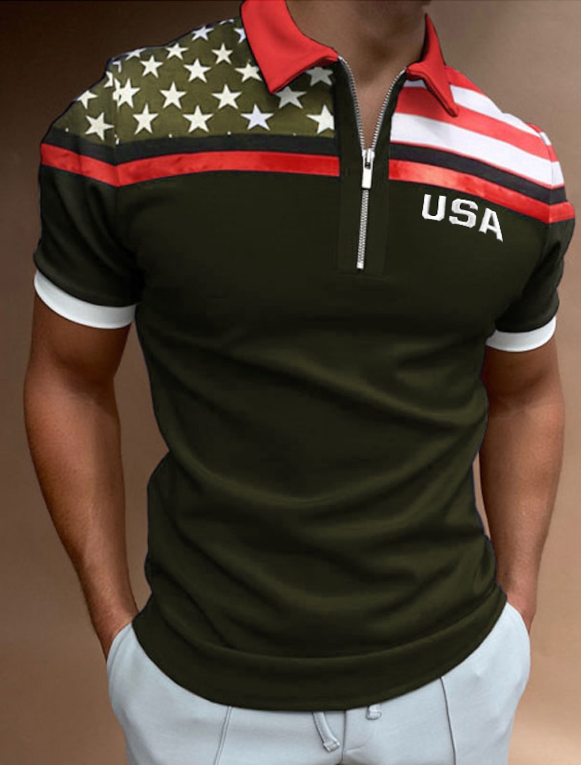 Men's Golf Shirt American Flag Polo Shirt Casual Daily Turndown Quarter Zip Short Sleeve Fashion Casual Flag Zipper Quarter Zip Spring & Summer Regular Fit Navy Blue Dark Green Gray Golf Shirt