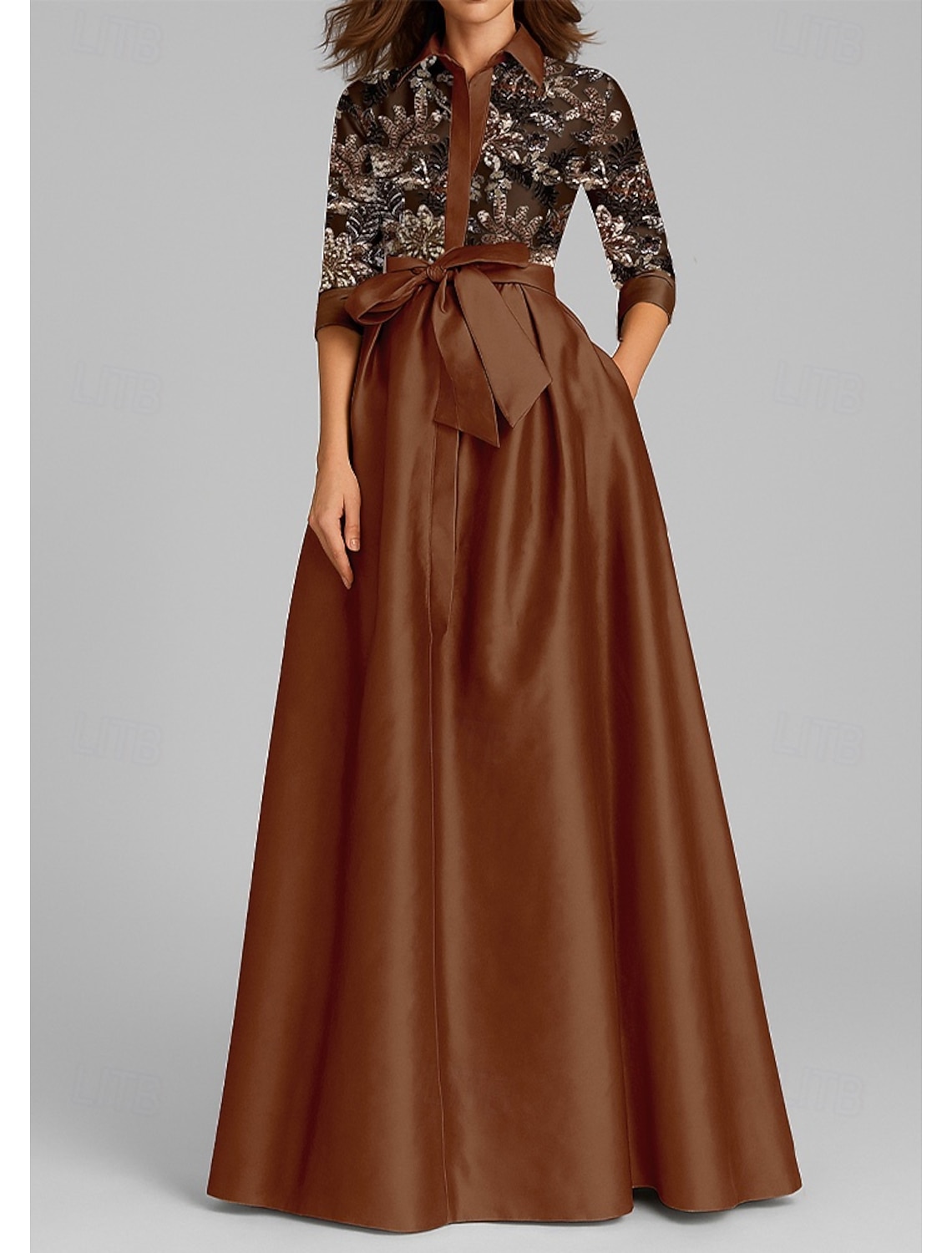 A-Line Floor Length Beaded Eembroidered Wedding Guest Dress Formal Dresses Mother of the Bride Dress Half Sleeve Shirt Collar Elegant Formal Wedding Guest Satin with Bow(s) Sequin Appliques