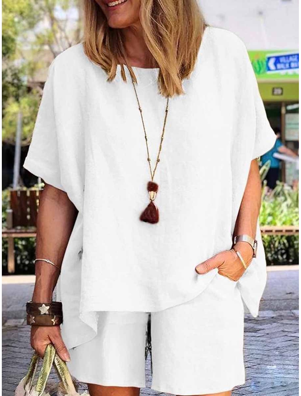 Women's Linen-feel Set Two Piece Sets Short Sleeve Short Pant Crew Neck Pure Color Pocket Elastic Waist Fashion Comfort Soft Daily Home Vacation White Khaki Army Green Summer