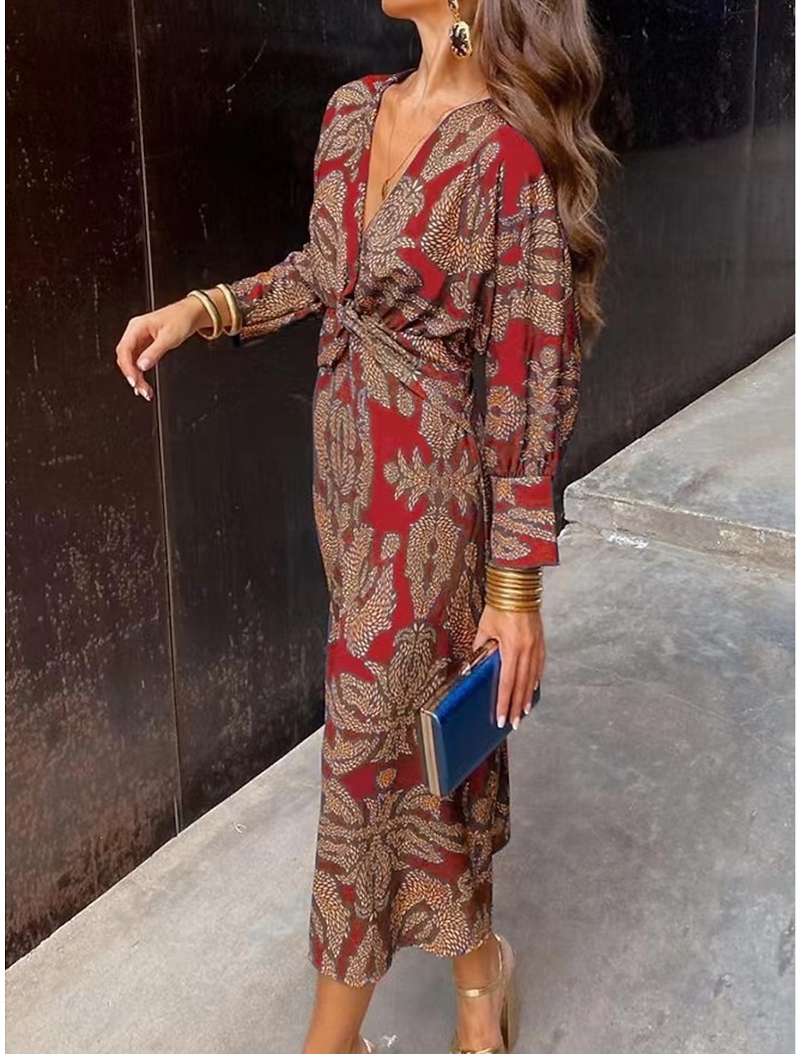 Women's Graphic Print V Neck Maxi Dress Long Sleeve Spring Fall