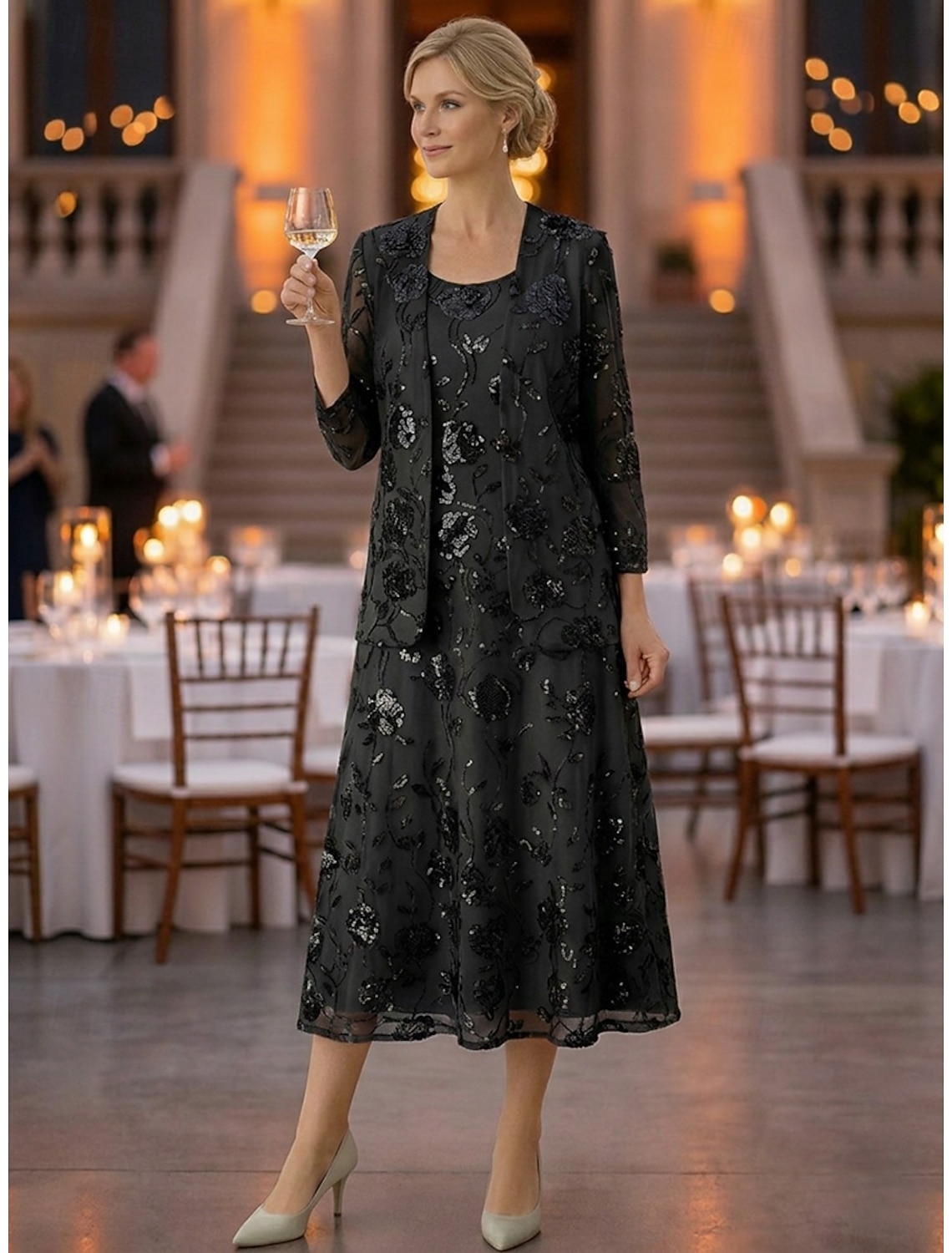 Two Piece A-Line Ankle Length Tea Length Wedding Guest Dress Mother of the Bride Dress Sleeveless Long Sleeve Scoop Neck Elegant Luxurious Sparkle & Shine Formal Wedding Guest Chiffon Sequined with