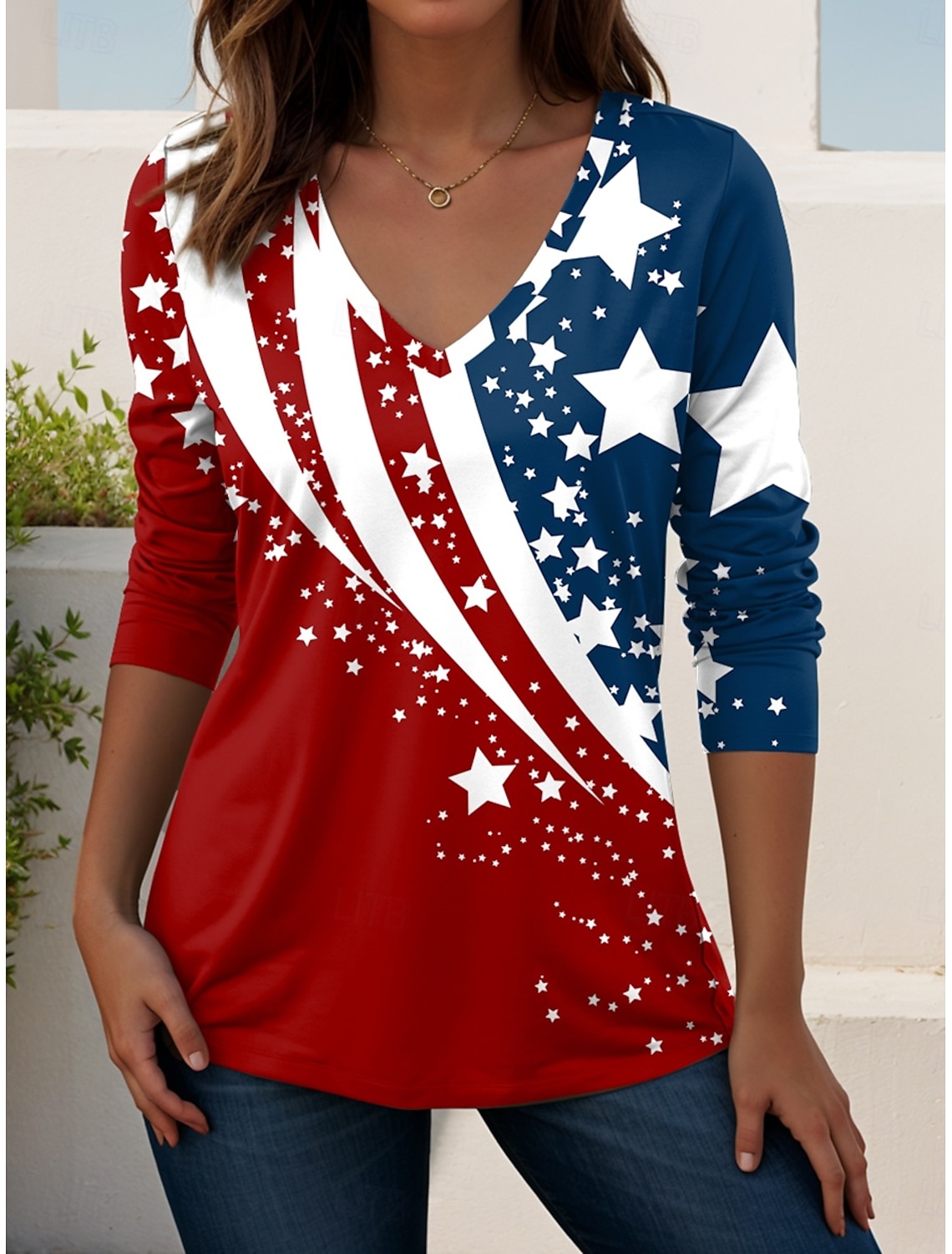 Independence Day Patriotic Women's T Shirt V Neck Long Sleeve Tunic Geometric National Flag Elegant Vintage Stylish Regular Tops Daily Weekend Print Red Navy Blue Blue Spring Prefall