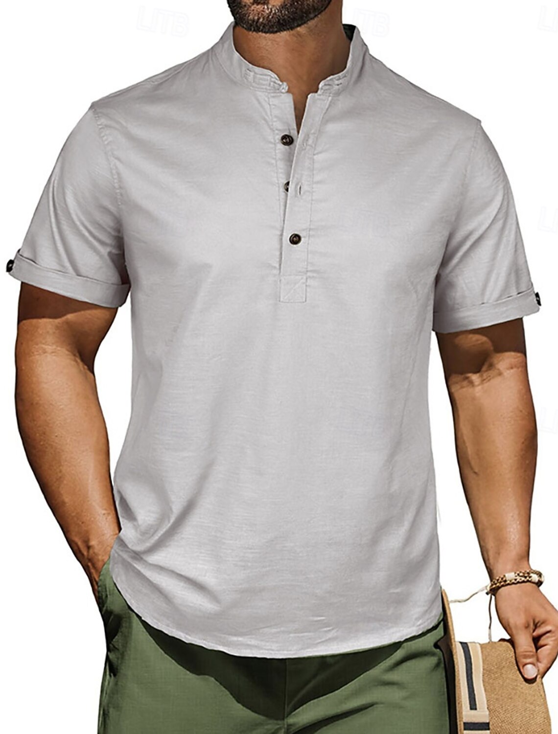 Men's Waffle T-shirt Linen Shirt T Henley Short Sleeve Stand Collar
