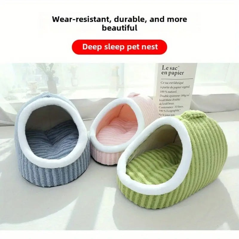 PawVilla Frenchie Portable House – Semi-Enclosed Striped Nest with Removable Cushion Pad