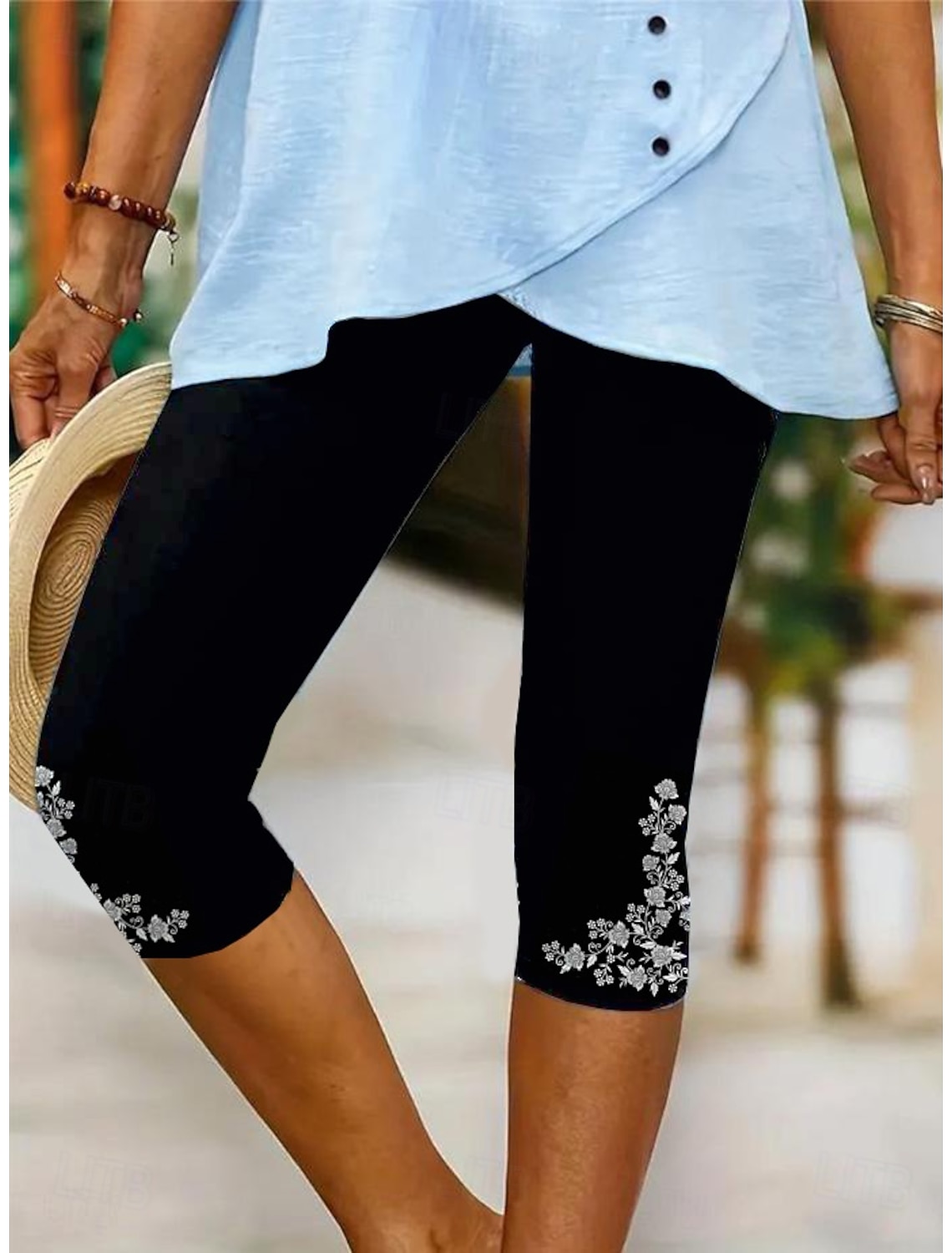 Women's Leggings Capri Pants High Elasticity Vacation Fashion Hawaiian Calf-Length Mid Waist Floral Graphic Printing Breathable Soft Vacation Casual Daily Light Blue Summer Spring Regular Fit
