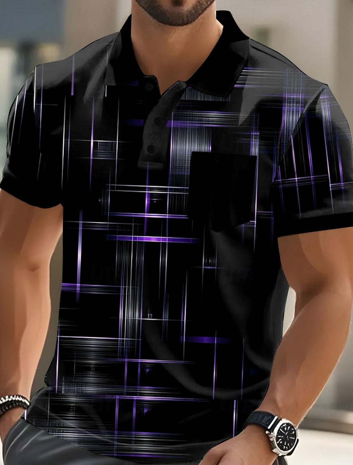 Men's Geometic Line Polo Short Sleeve Shirts Collared Business Casu #1