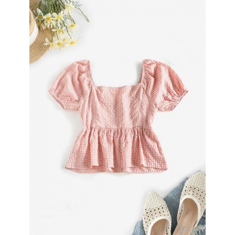 Gingham Puff Sleeve Peplum Blouse TP3361