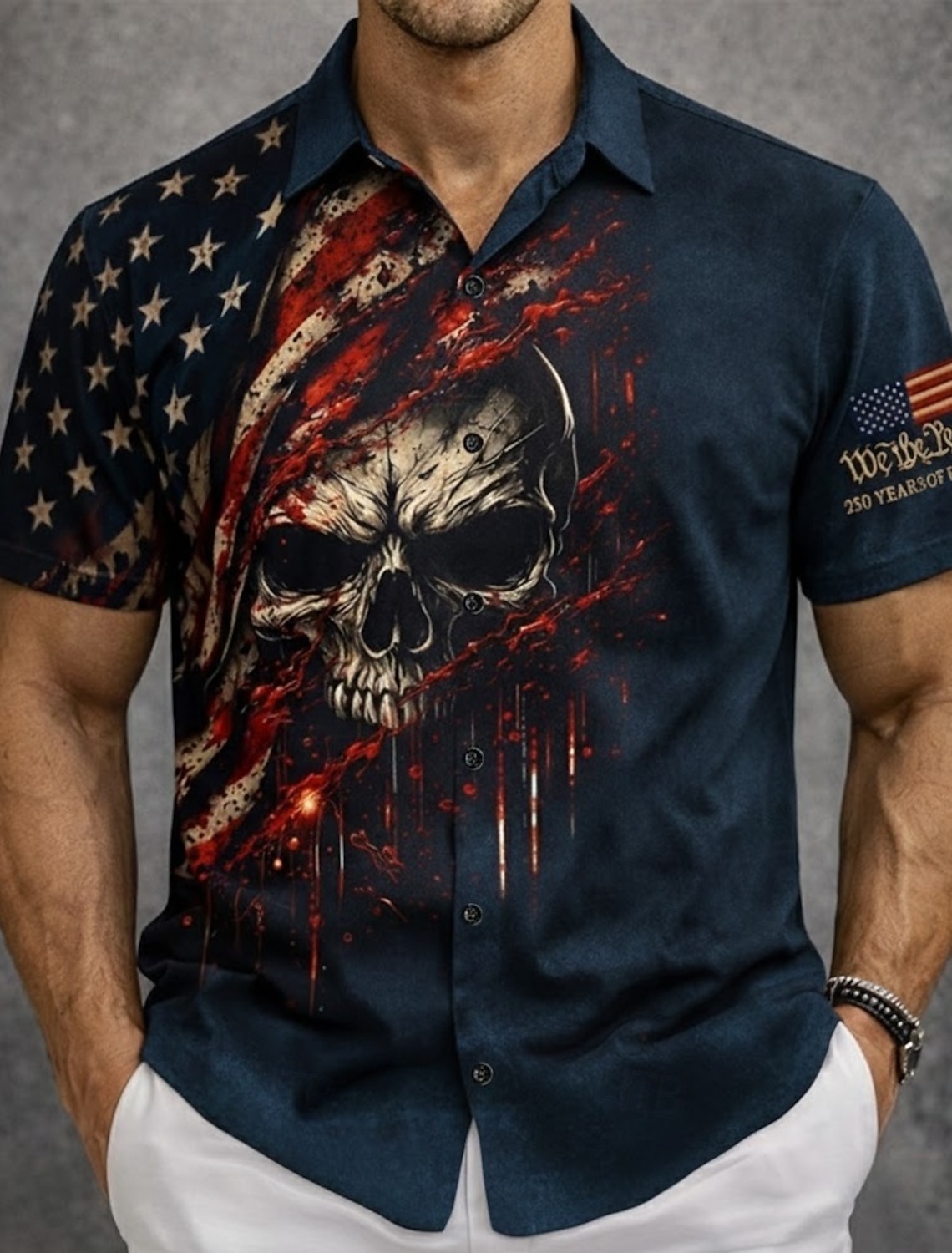 Men's Skull 4th of July U.S. 250th Anniversary US Flag Shirt Button Up Shirt Short Sleeve Patriotic Outdoor Holiday Summer Spring Turndown 3D Print Collared Shirts Black Dark Red Dark Blue