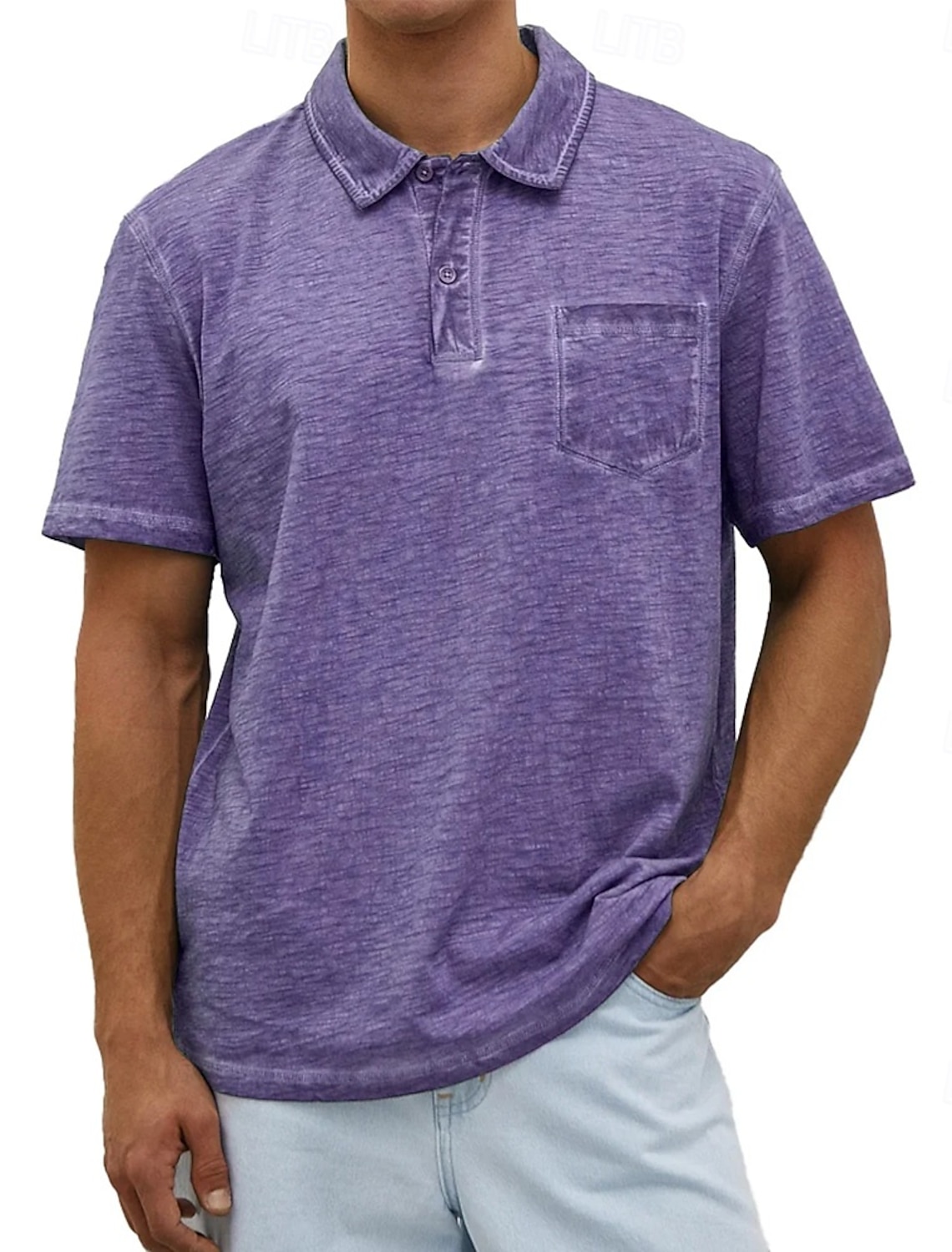 Men's Polo Shirts 100% Cotton Acid Wash Shirt Casual Holiday Lapel