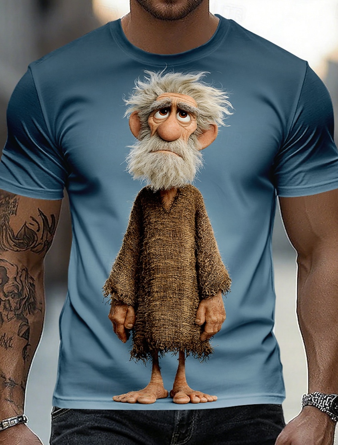 Funny 3D Graphic Cool Old Man with White Beard & Sunglasses Men's Teal T-Shirt - Quirky Grandpa Caricature Design Short Sleeve Crew Neck Summer Beach Holiday Tee - Unique Father's Day Gift Apparel