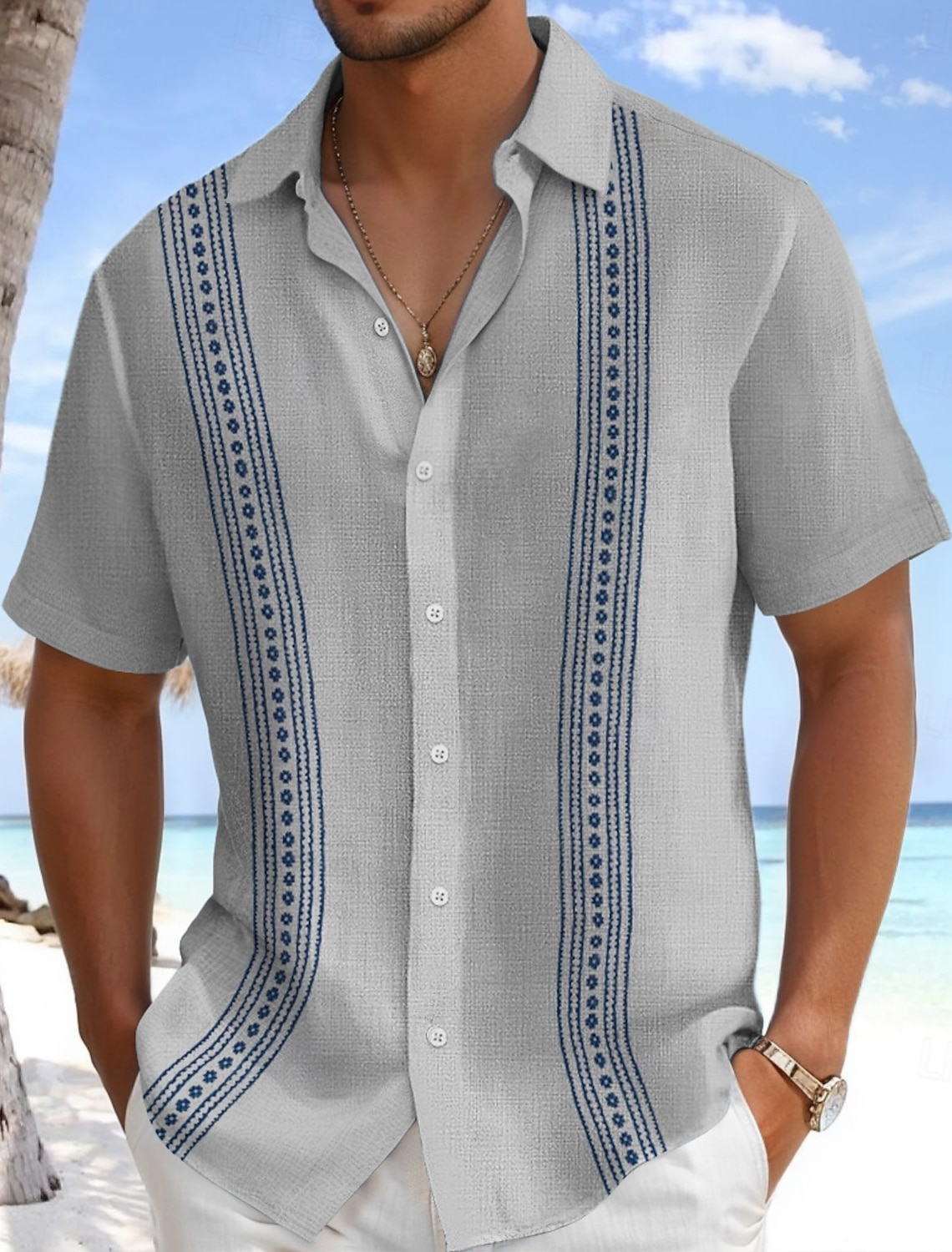 Men's Shirt Linen Guayabera Summer Beach Wear Plain Casual Daily Blue