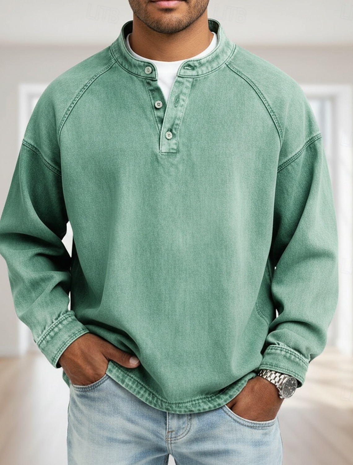 Men's T Shirt Henley Denim 100% Cotton Acid Wash Tee Top Long Sleeve