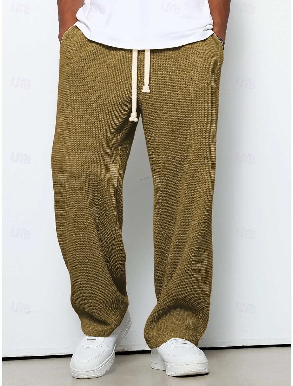 Men's Straight Leg Sweatpants Waffle Pants Drawstring Lattice
