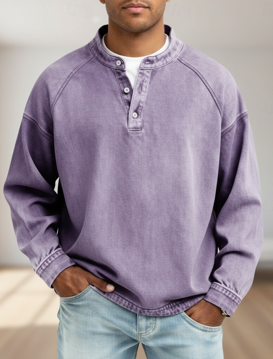 Men's T Shirt Henley Denim 100% Cotton Acid Wash Tee Top Long Sleeve