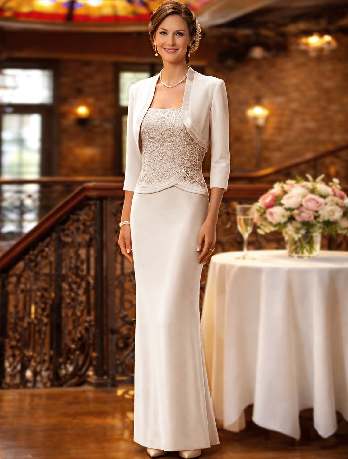 Sheath Column Floor Length Wedding Guest Dress Mother of the Bride Dress Sleeveless Straight Neckline Elegant Plus Size Wedding Guest Chiffon Satin Lace Short Jacket Dresses with Sash / Ribbon