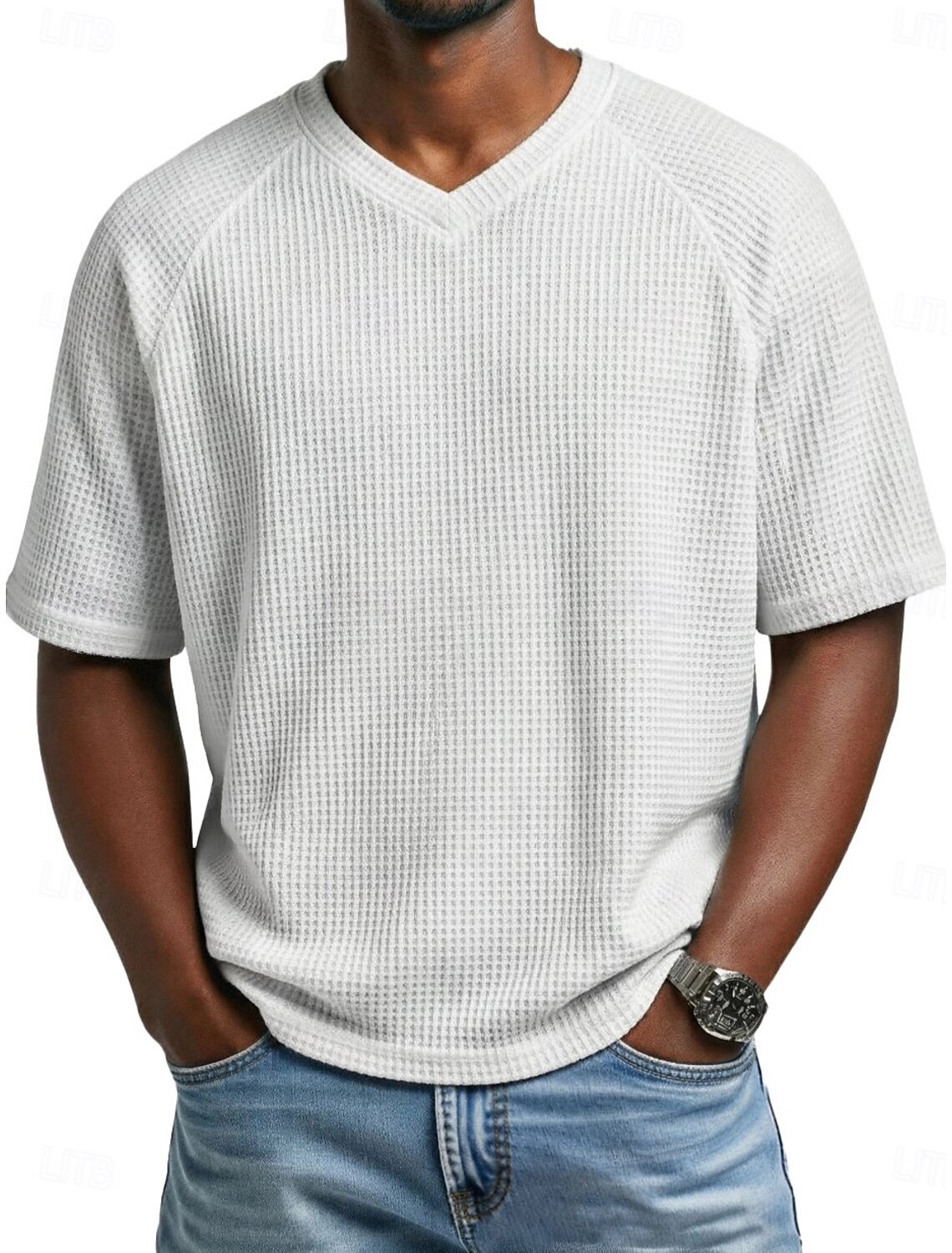 Men Waffle T-shirt Tee Top Short Sleeve V Neck Summer Solid Color