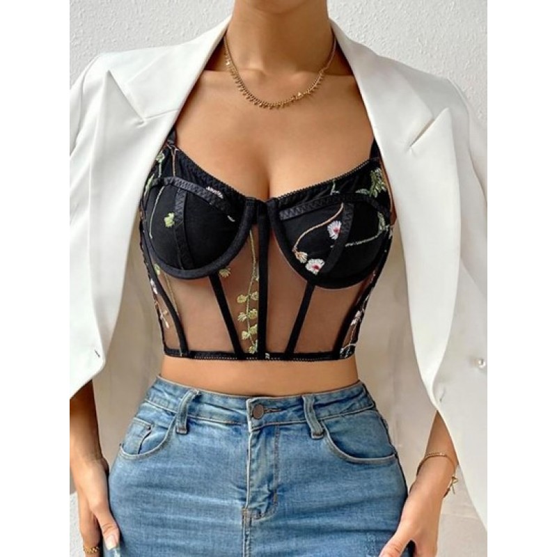 Bustier Underwire Embroidered Sheer Corset Cami Top TL9607
