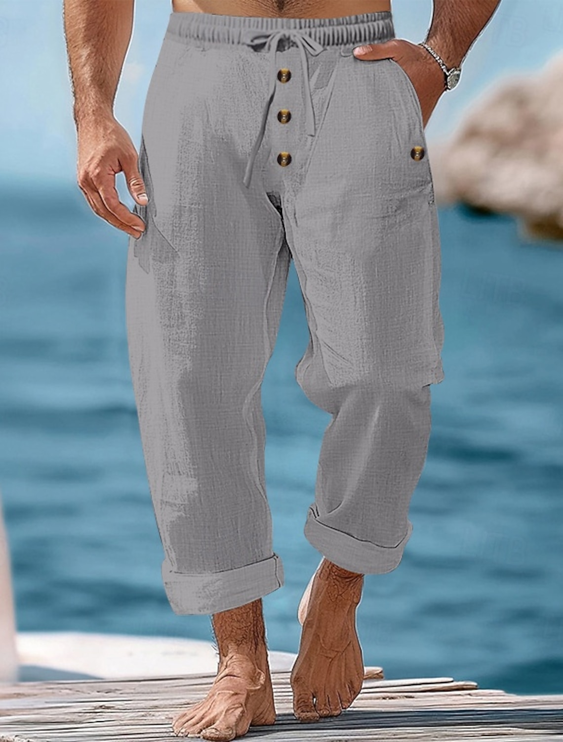 Men's Linen Pants Trousers Summer Pants Beach Pants Drawstring Elastic Waist Buttons Plain Comfort Breathable Full Length Casual Daily Holiday Vacation Fashion Khaki Black