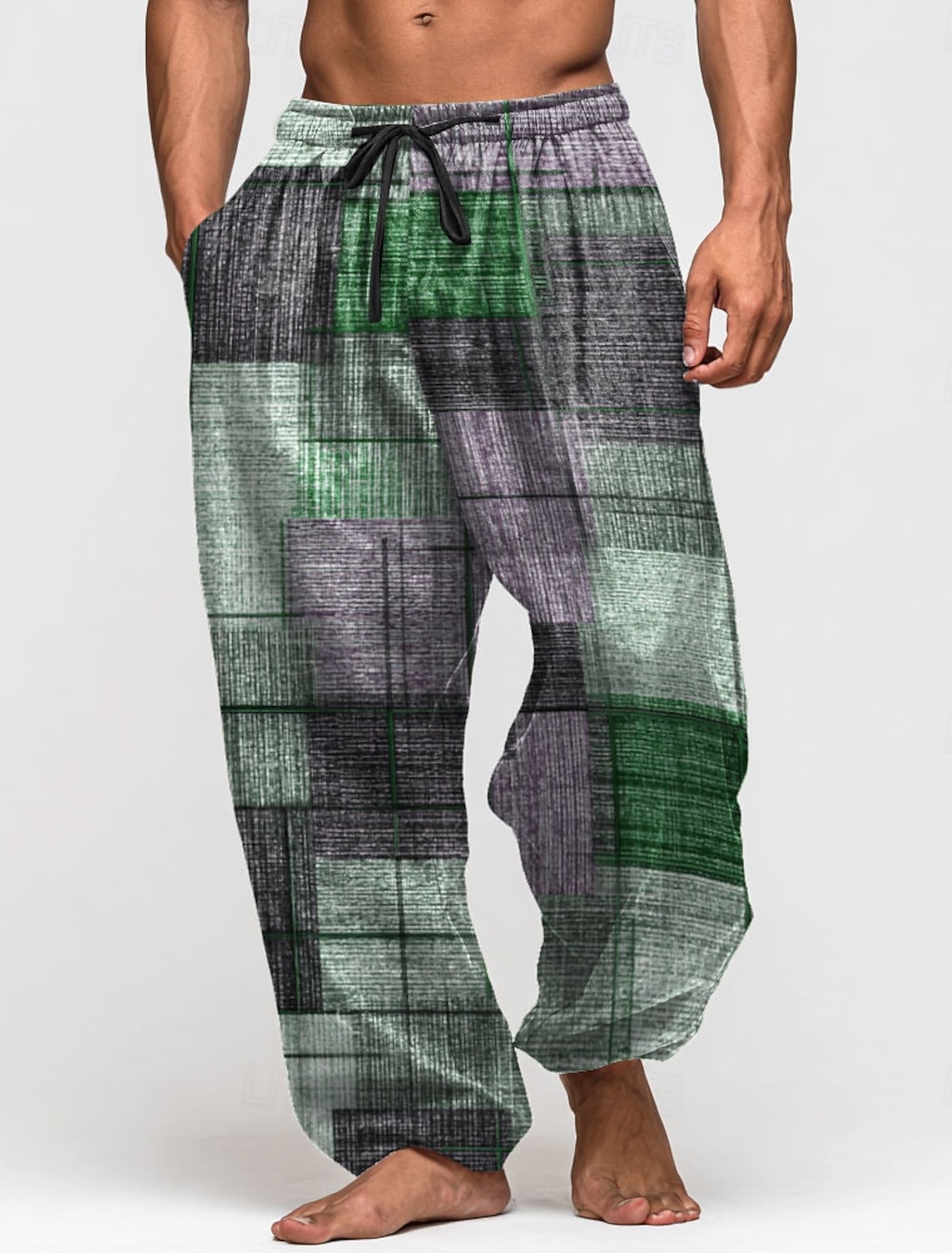 Men's Geometric Color Block Trousers Baggy Pants Casual Mid Waist