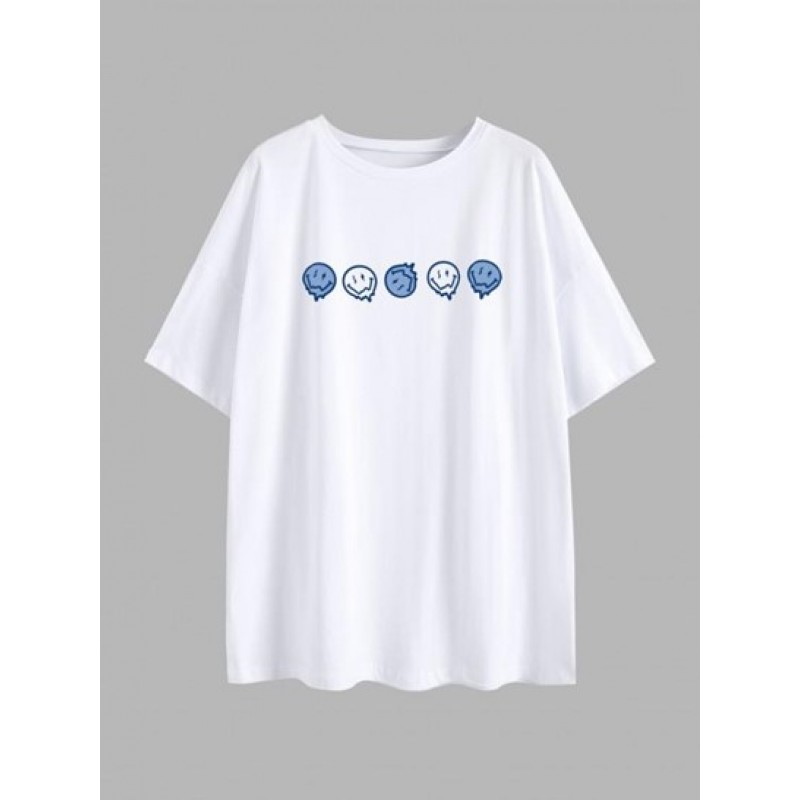 Positive Smiling Face Print Drop Shoulder T Shirt MP6927