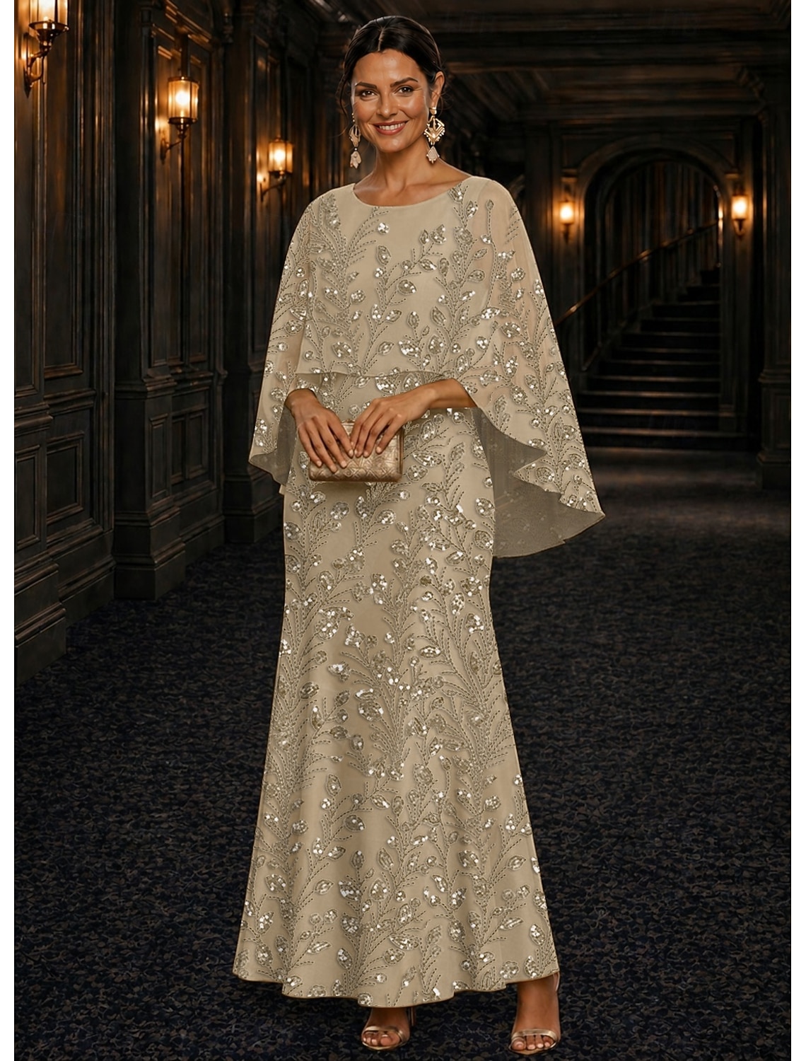 A-Line Dress Floor Length Ankle Length Cocktail Dress Mother of the Bride Dress Long Sleeve Scoop Neck Elegant Luxurious Sparkle & Shine Formal Wedding Guest Semi Formal Lace with Beading Sequin