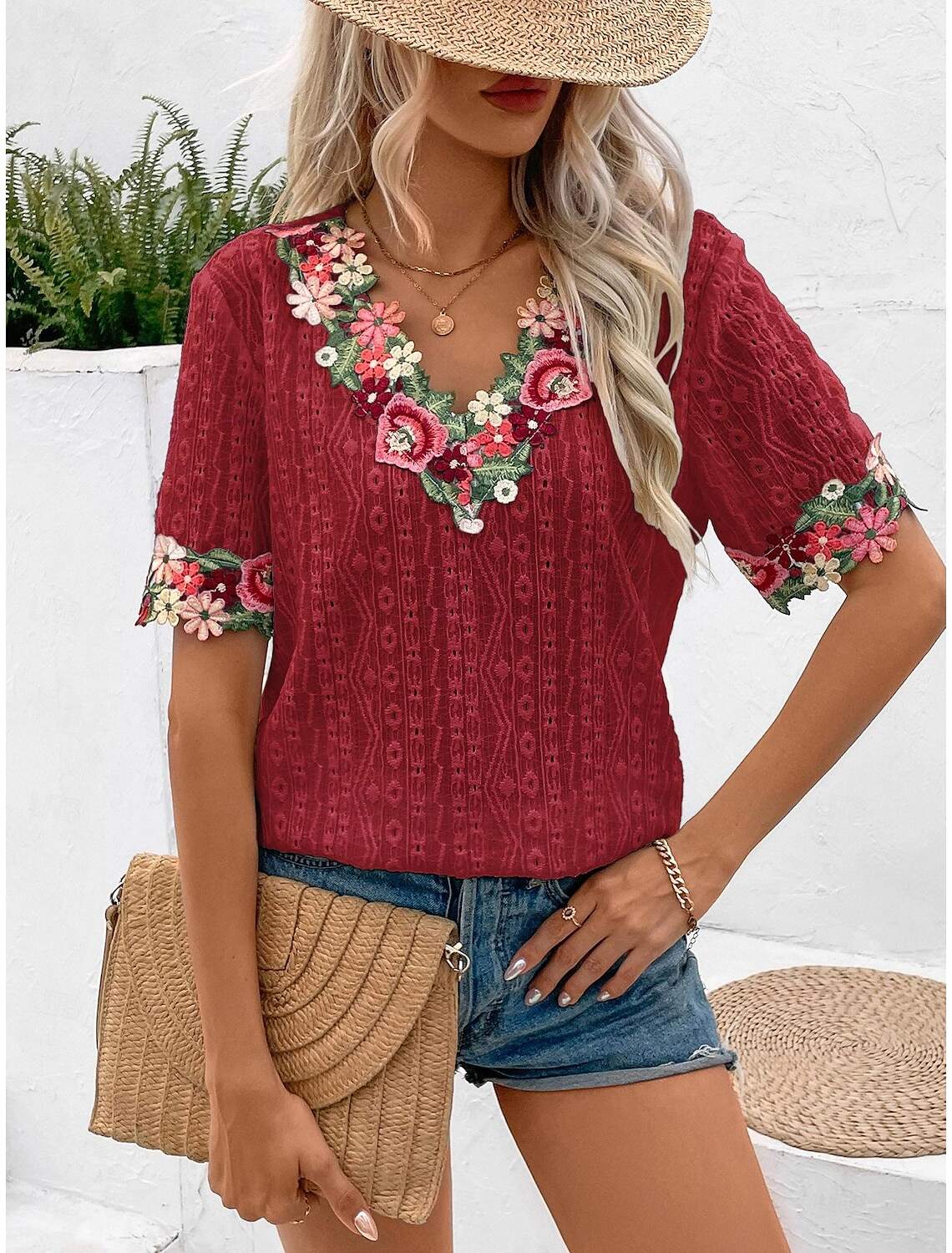 Women's Elegant Lace Tops Eyelet Blouse Floral Embroidery V-Neck Half Sleeve Summer Casual Outdoor Everyday Wear Romantic Petite Tops Summer Holiday Wear