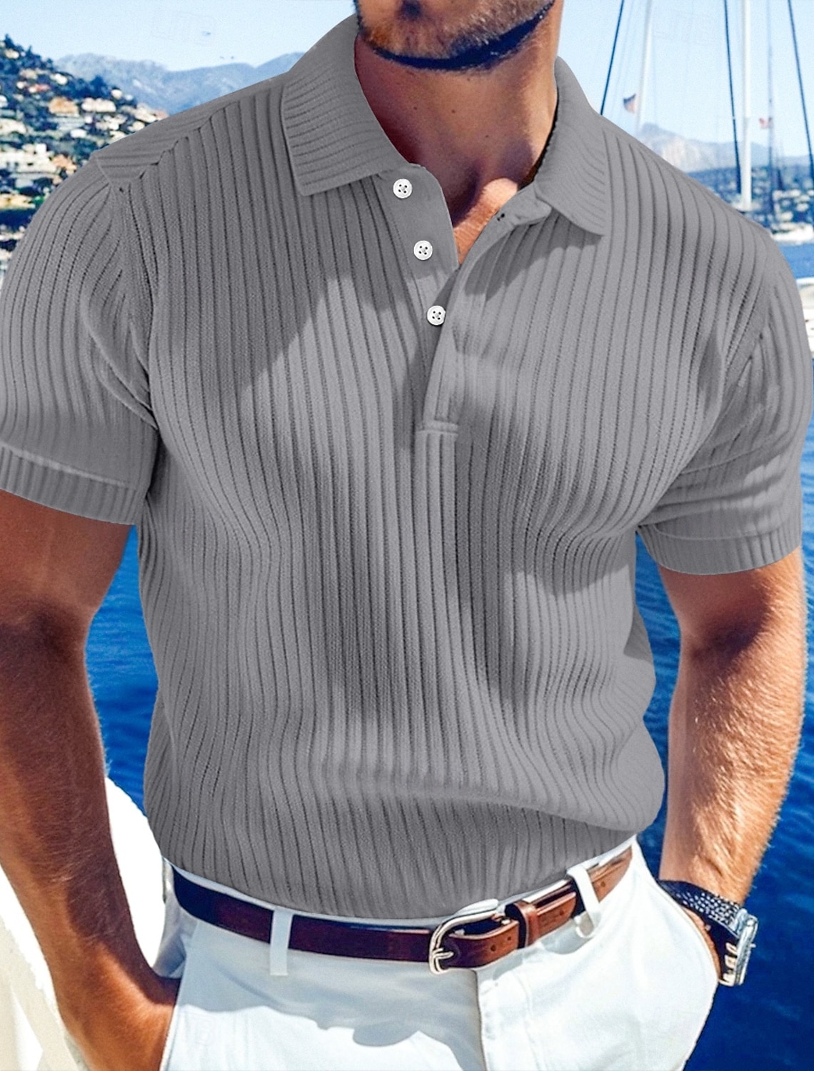 Men's Rib Knit Top Textured Casual Work Lapel Ribbed Polo Collar Short