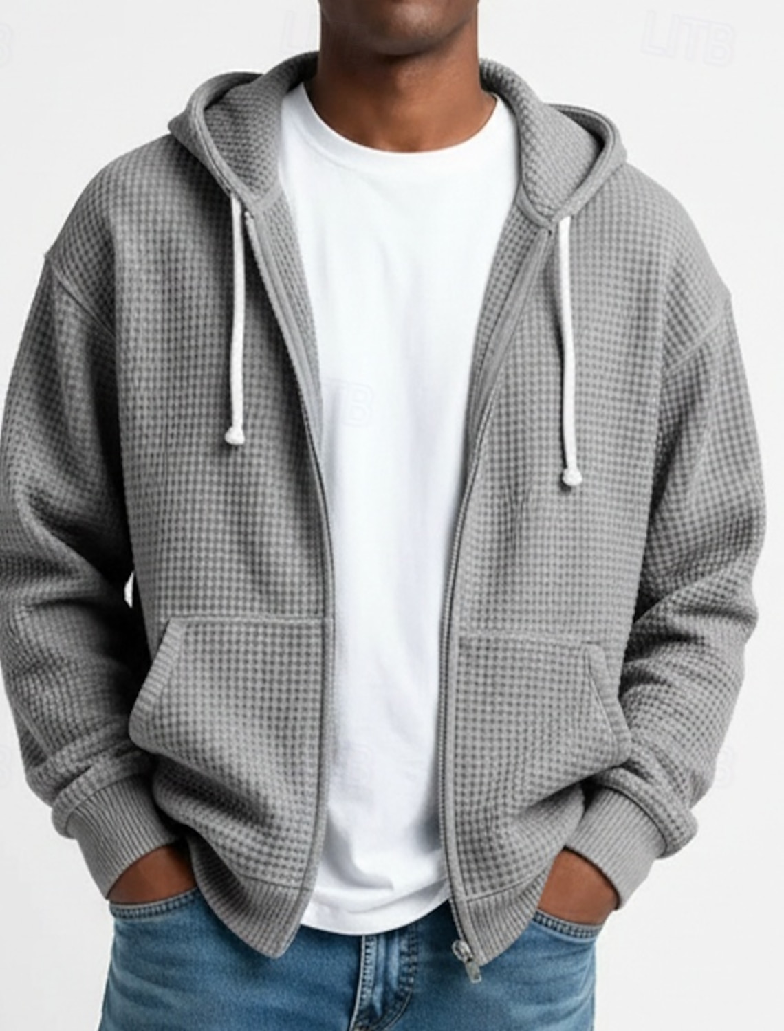 Men's Hoodie Full Zip Waffle Hoodies White Light Green Navy Blue Dark