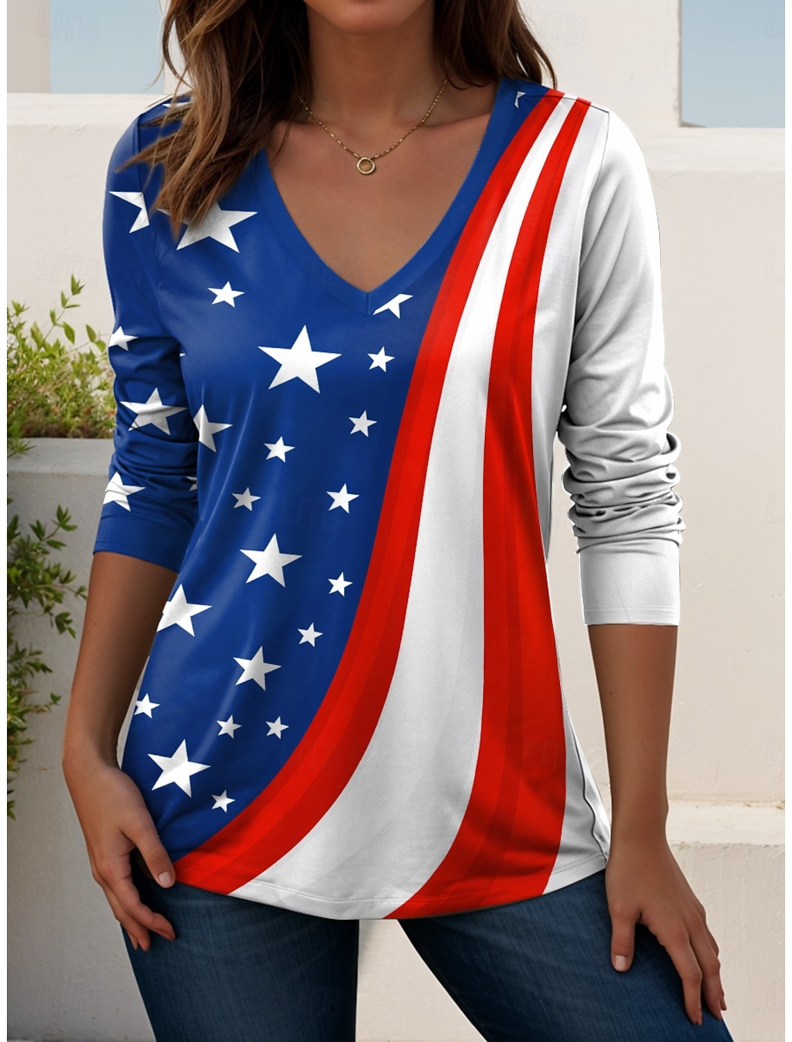 Independence Day PatrioticWomen's T Shirt Print Graphic Flag American Flag Stylish Classic Casual Long Sleeve Crew Neck Regular Tops Daily Blue Black White Red Summer Spring