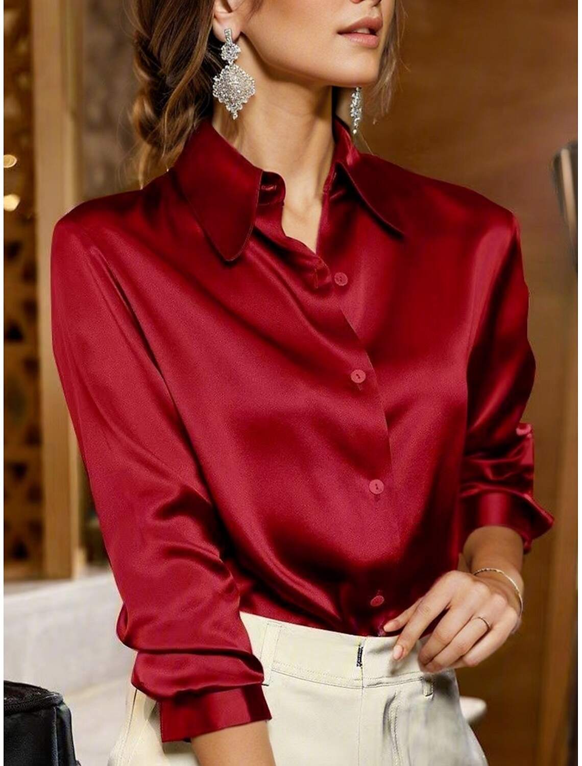 Women's Shirt Blouse Business Basic Mature Solid Color Plain Regular Tops Long Sleeve Shirt Collar Buttons Regular Fit Work Casual Daily Spring & Fall