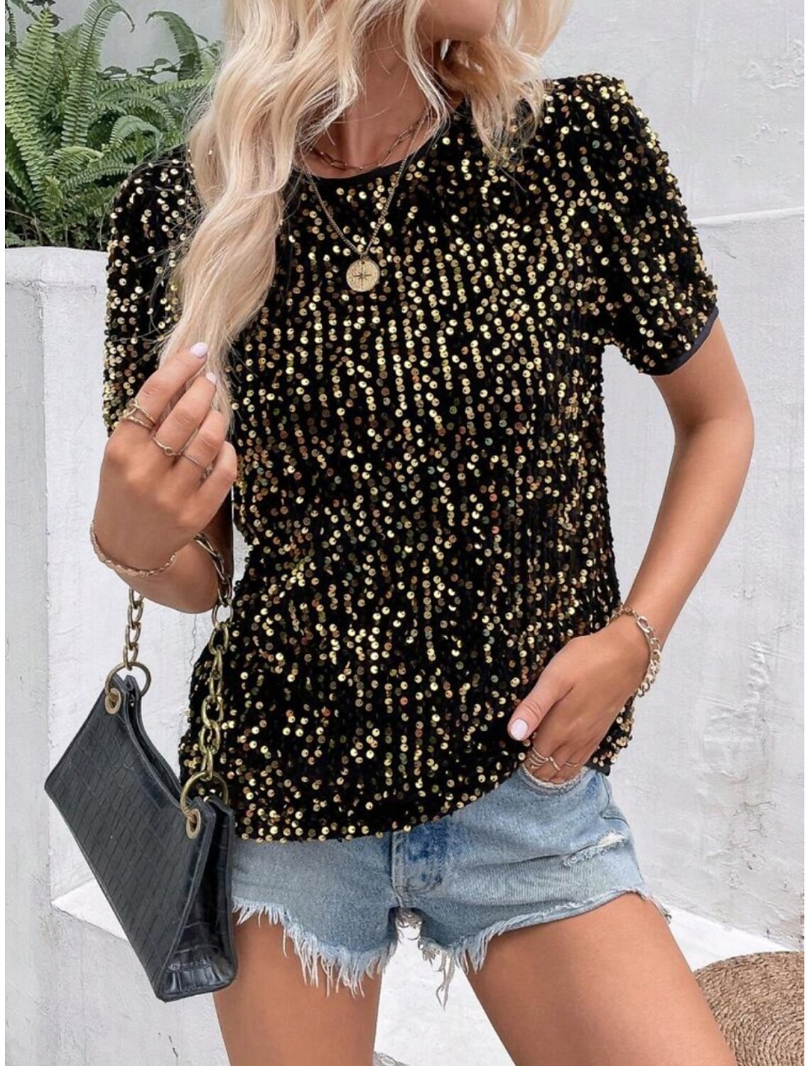 Women's T Shirt Fashion Modern Casual Plain Regular Tops Short Sleeve Crew Neck Sequins Regular Fit Daily Weekend Summer Spring