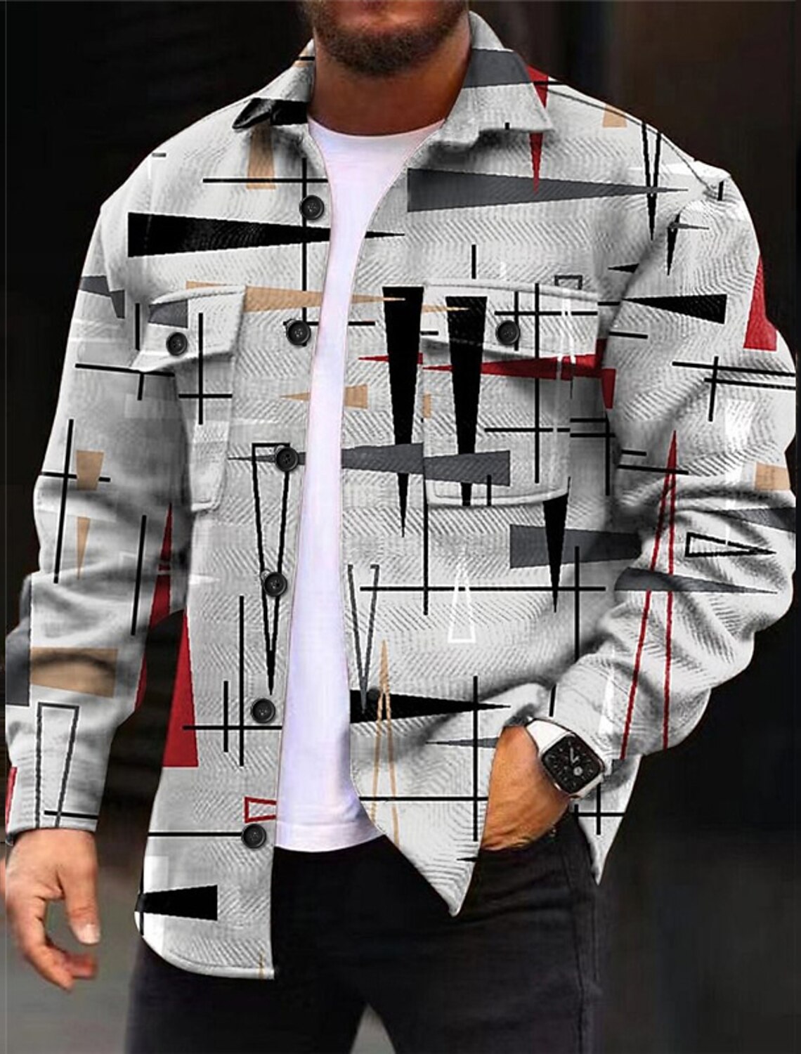Men's Geometric Pattern Geometry Gradual Shirt Shirt Jacket Overshirt Long Sleeve Casual Outdoor Street Casual Daily Fall & Winter Turndown Buttons Pocket Print Red Blue Gray