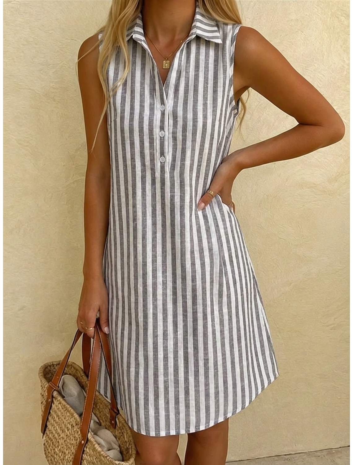 Women's Knee Length Dress Shirt Dress Casual Dress Striped Dress Elegant Fashion Daily Vacation Regular Fit Striped Short Sleeve Mandarin Collar Red Navy Blue Gray Light Blue Summer Spring
