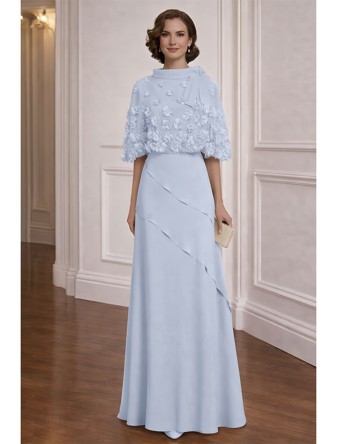 Two Piece A-Line Dress Floor Length Cocktail Dress Wedding Guest Dress Mother of the Bride Dress Half Sleeve Boat Neck Elegant Vintage Formal Chiffon Shawls with 3D Flowers Ruffles Tier