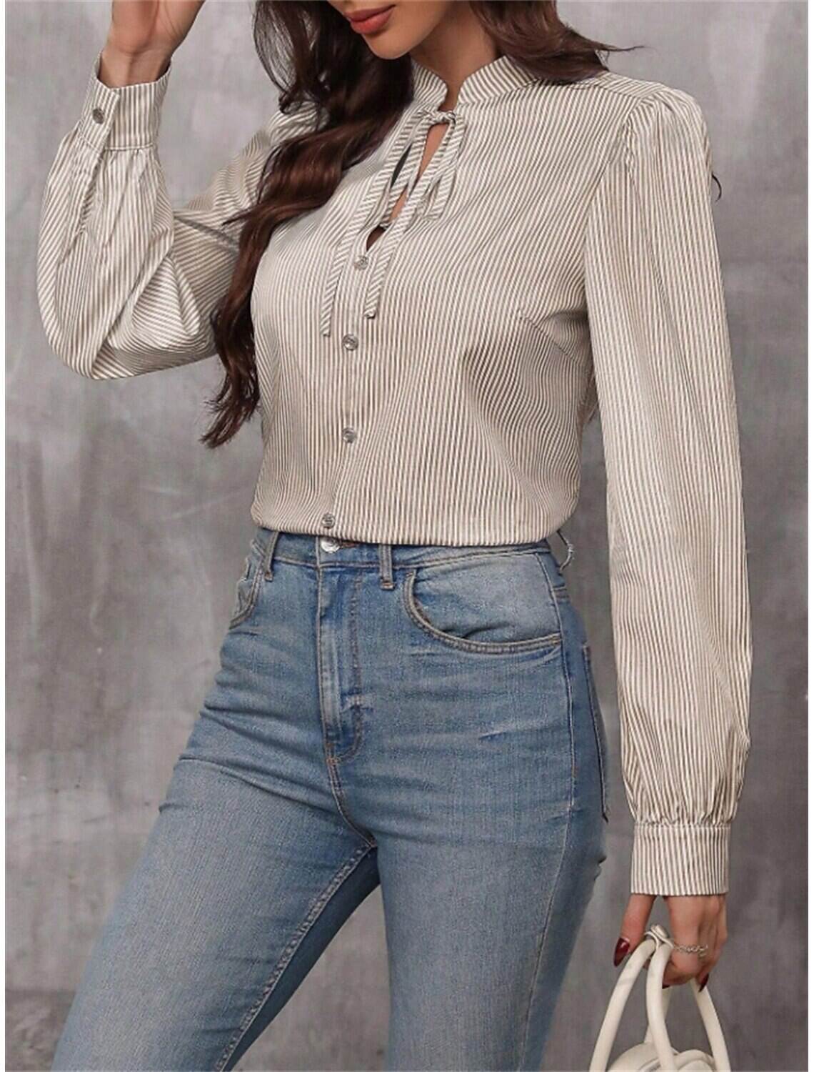 Women's Shirt Blouse Stylish Casual Striped Regular Tops Long Sleeve V Neck Patchwork Regular Fit Work Daily Going out Summer Spring Fall