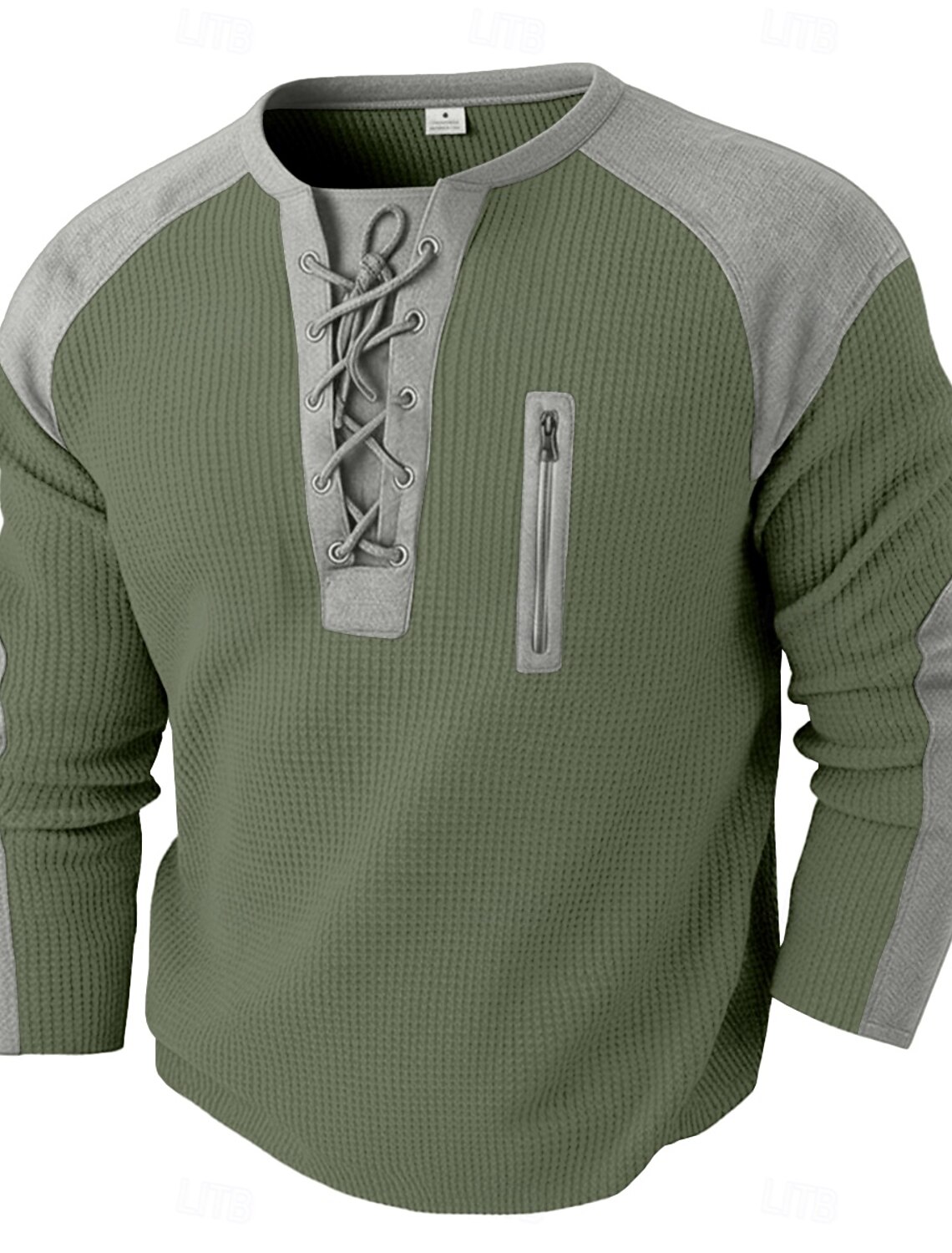 Men's Waffle T-shirt T Shirt Henley Long Sleeve Hooded Lace Up Neck