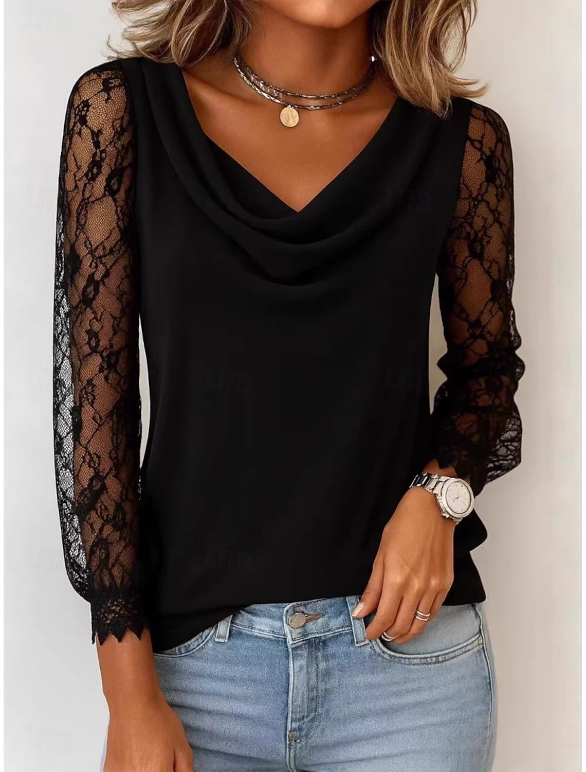 Women's Blouse Lace Patchwork Solid Color Elegant Stylish Casual Long Sleeve Cowl Neck Regular Tops Daily Black White Pink Wine Navy Blue Spring Fall Winter