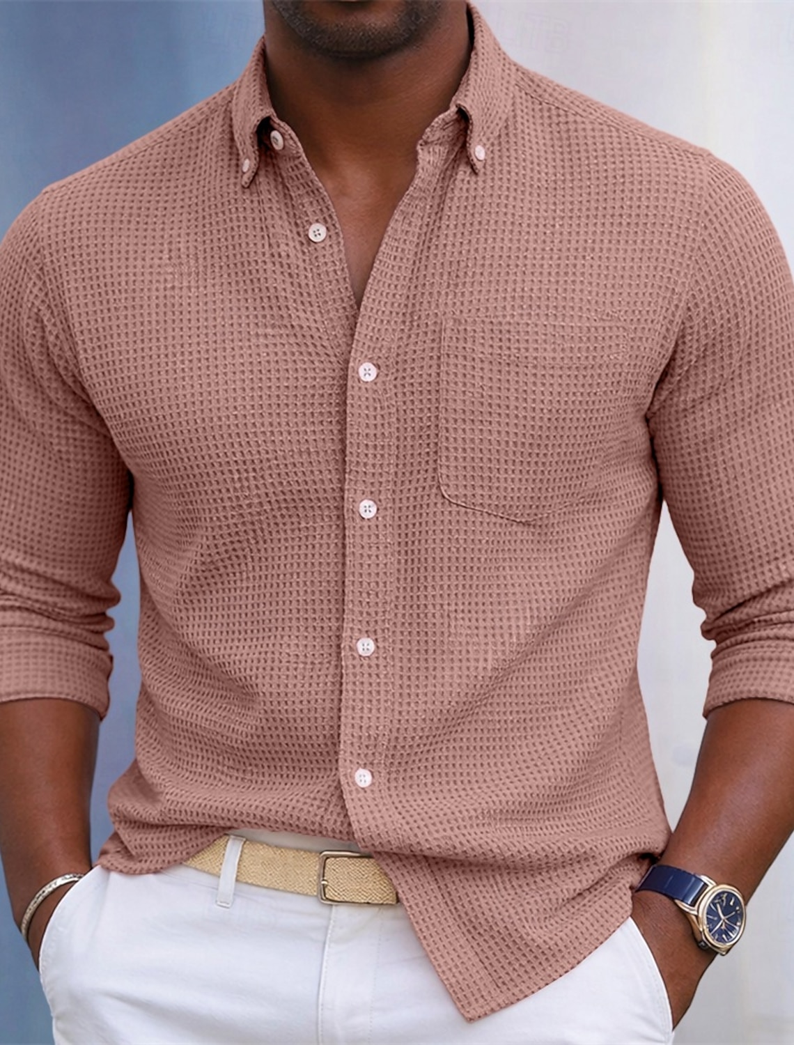 Men's Shirt Waffle Texture Casual Button Up Blue Pink Burgundy Navy