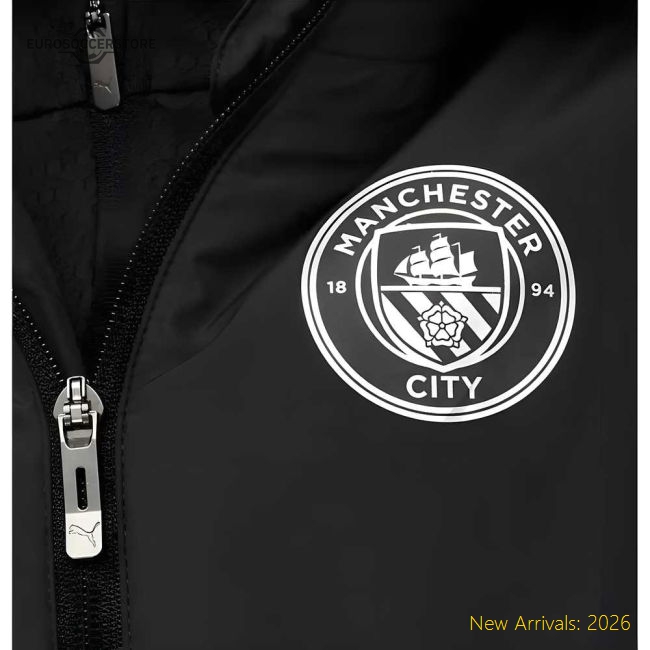 Official 2025-2026 Man City Hooded Padded Coat Black - Kids