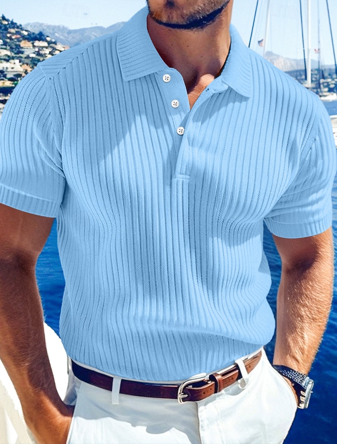 Men's Rib Knit Top Textured Casual Work Lapel Ribbed Polo Collar Short